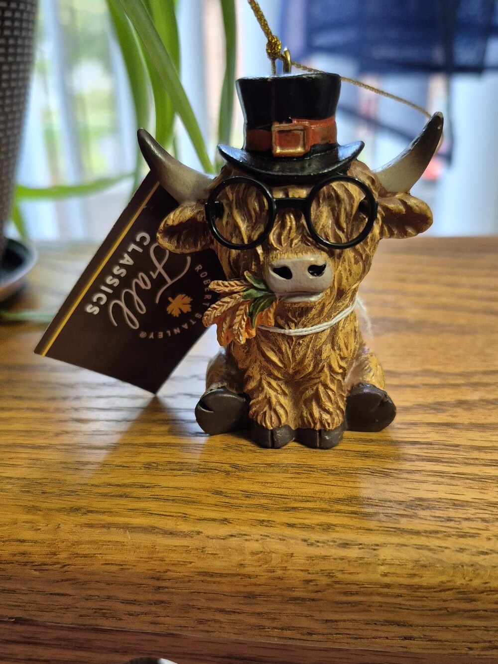 Brown Fall Highland Cow Ornament with Top Hat and Glasses. NEW WITH TAGS